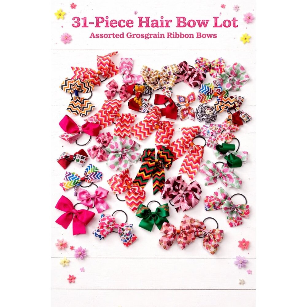 31-Piece Hair Bow Lot Girls Grosgrain Ribbon Ponytail Holders Colorful Mix